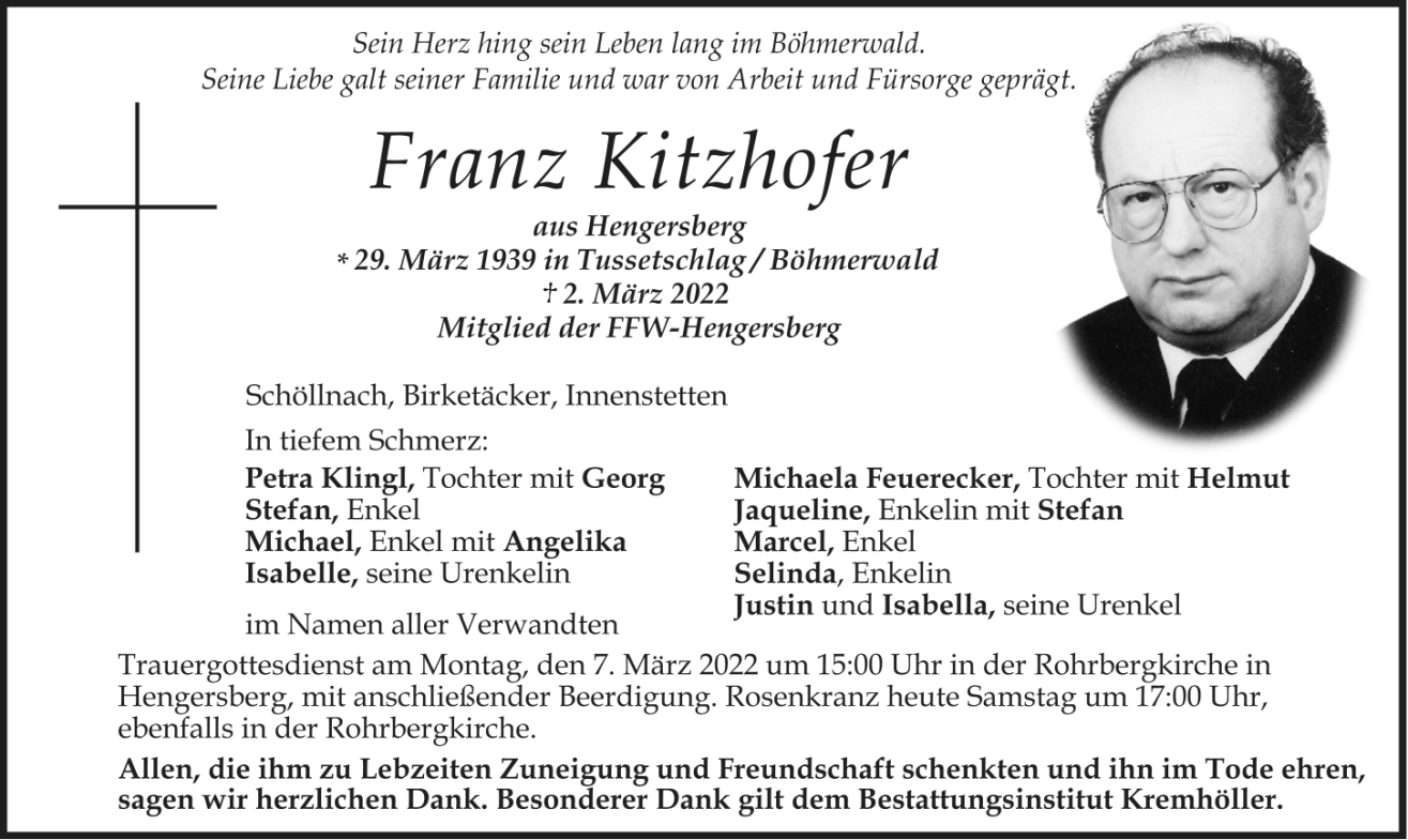 Sterbebild von Kitzhofer Franz KV-Regen