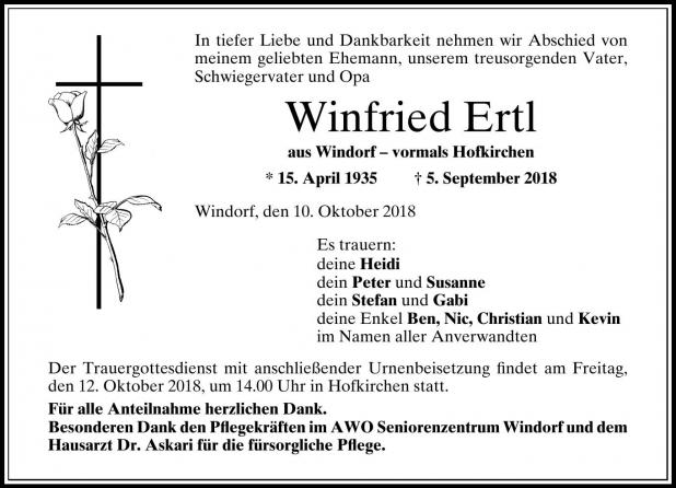 Sterbebild von Winfried Ertl KV-Vilshofen