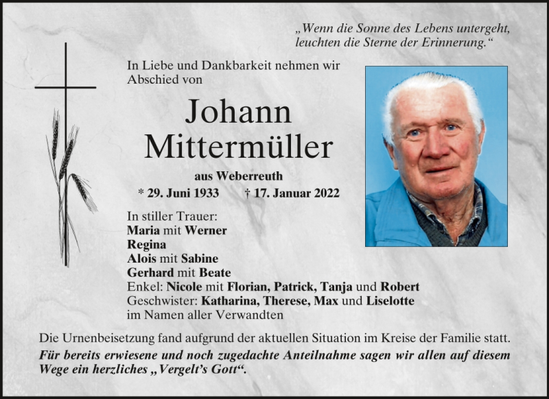 Sterbebild von Mittermüller Johann KV-Regen
