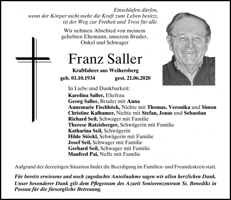 Sterbebild von Franz Saller Ehrenmitglied KV-Vilshofen