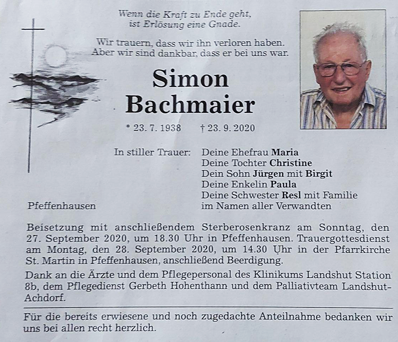 Sterbebild von Simon Bachmeier KV-Landshut