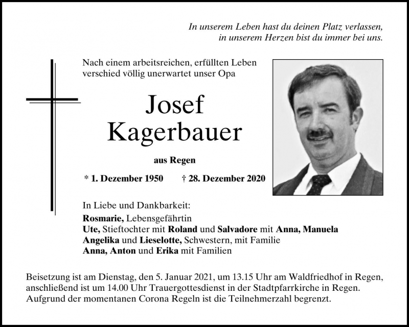 Sterbebild von Kagerbauer Josef KV-Regen