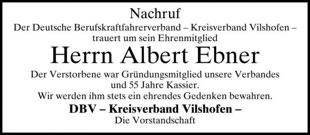 Bild-Nachruf für unser Gründungsmitglied Herrn Albert Ebner; KV-Vilshofen