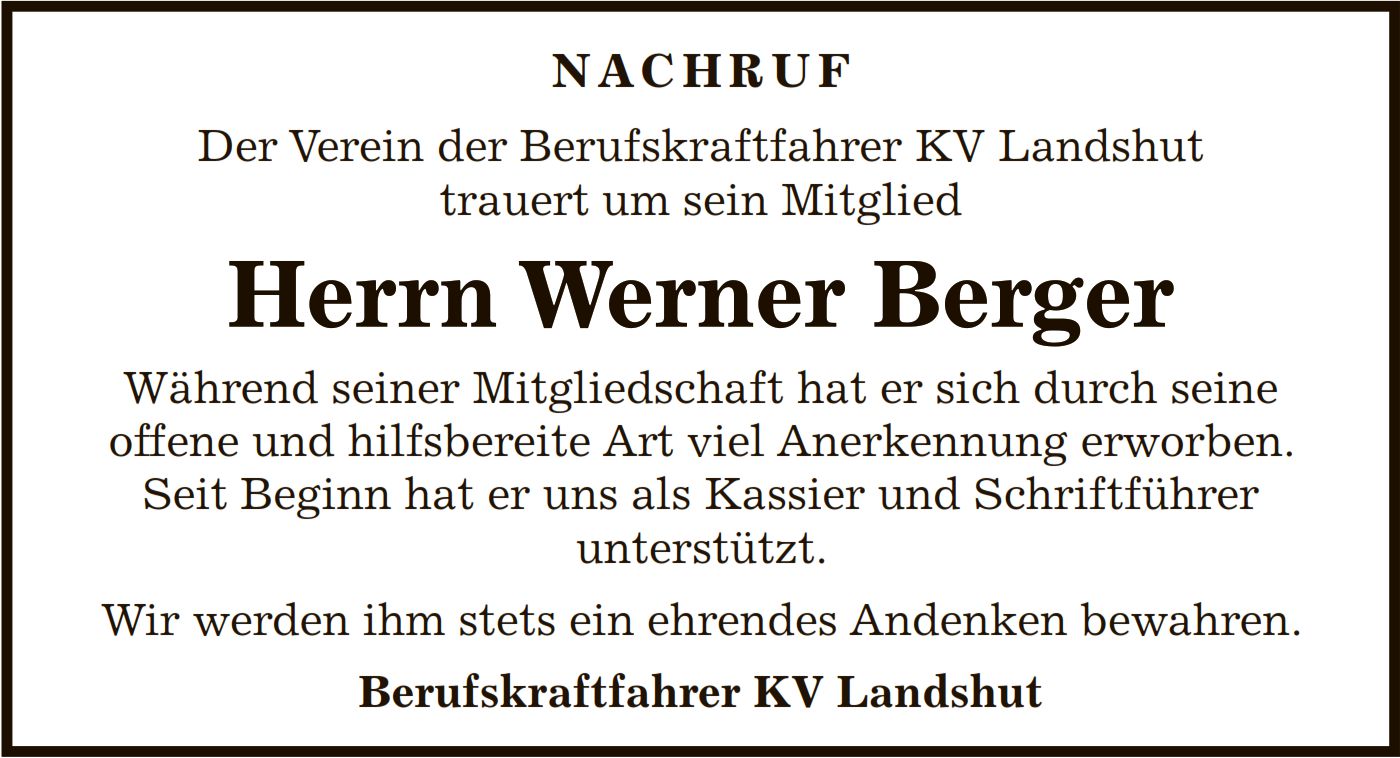 Bild-Nachruf für unser Gründungsmitglied Herrn Werner Berger; KV-Landshut